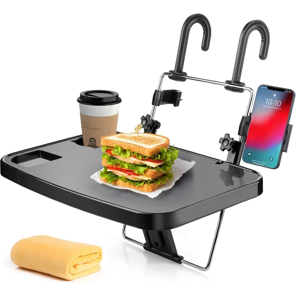 Plateau de volant de voiture et table d'appui-tête arrière avec support pour téléphone, étagère arrière suspendue avec sangles et crochets pour ordinateur portable, boissons et collations – Idéal pour les repas en voyage, l'utilisation par les passagers en VTC et la commodité d'un bureau mobile