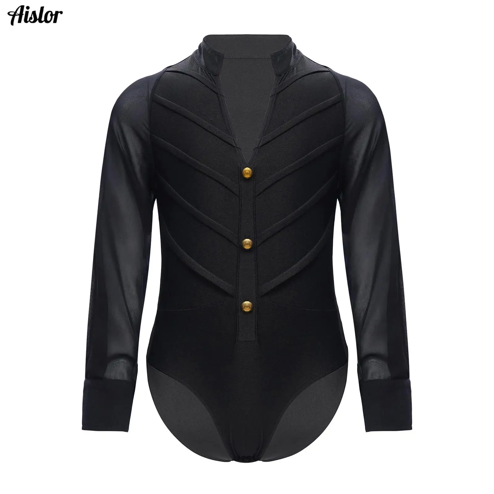 

Kids Boys Latin Jazz Dance Leotard Long Sleeve Stand Collar Bodysuit for Ballroom Competition Party Stage Performance Dancewear
