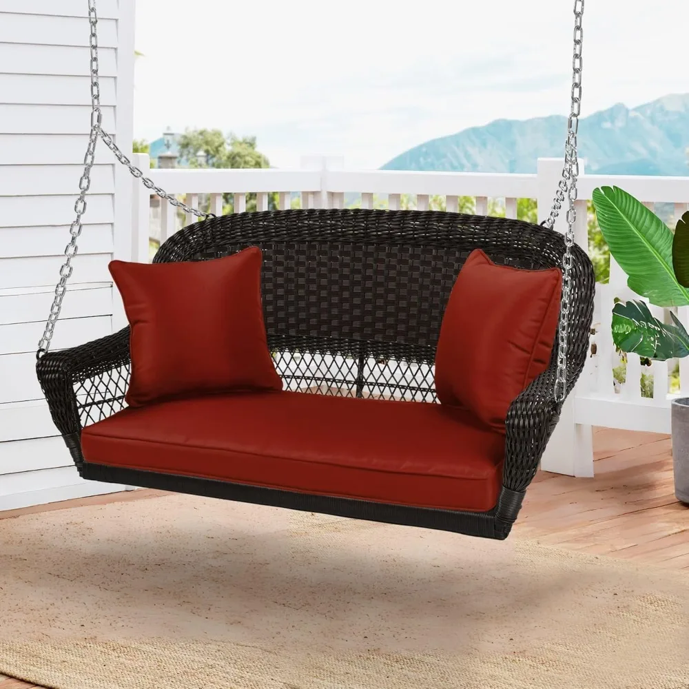 

Wicker Porch Swing with Red Cushion, Espresso, Customized