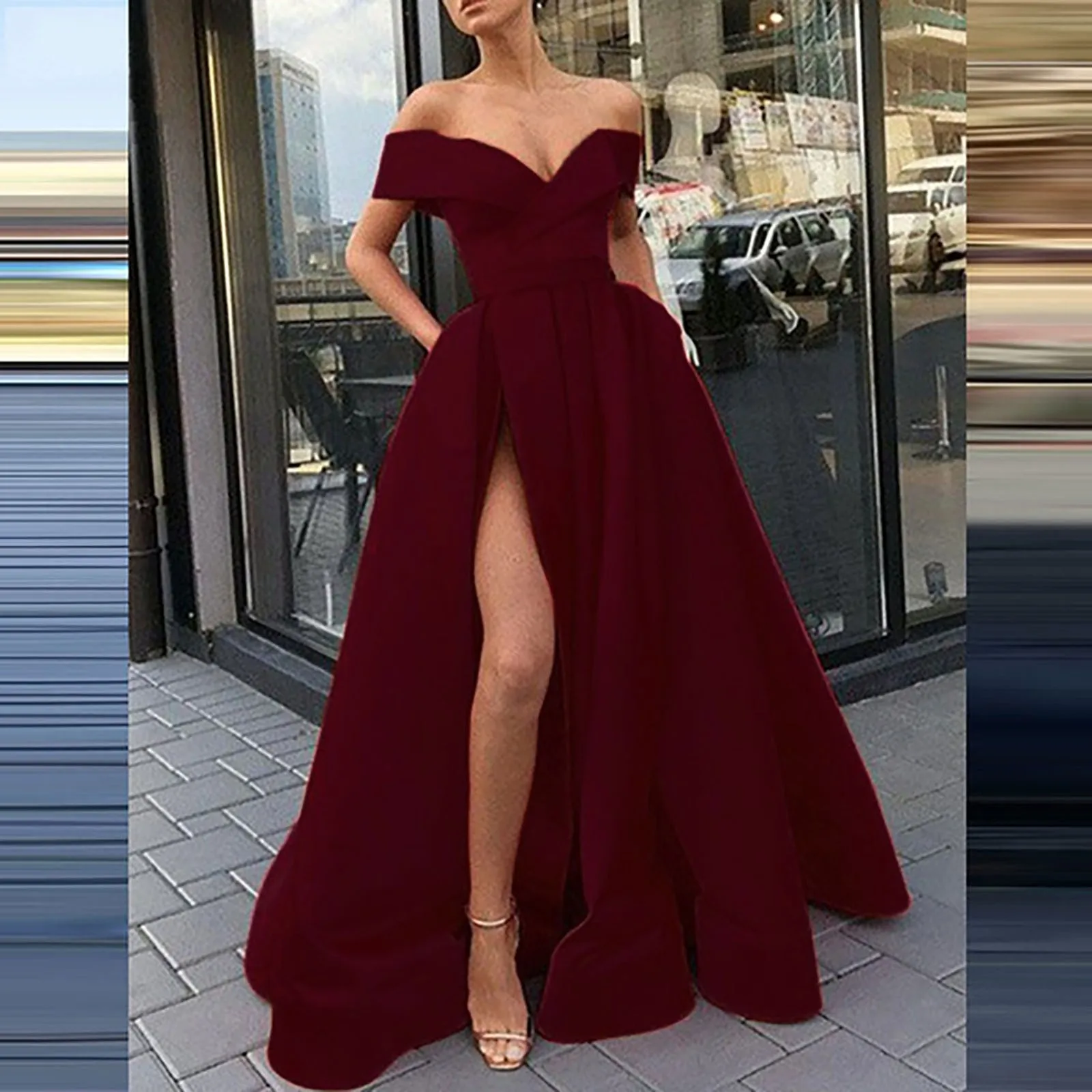 Women Sexy Off Shoulder V Neck Maxi Formal Dresses Sleeveless High Slit Celebrity Long Elegant Dress Evening Prom Party Gown