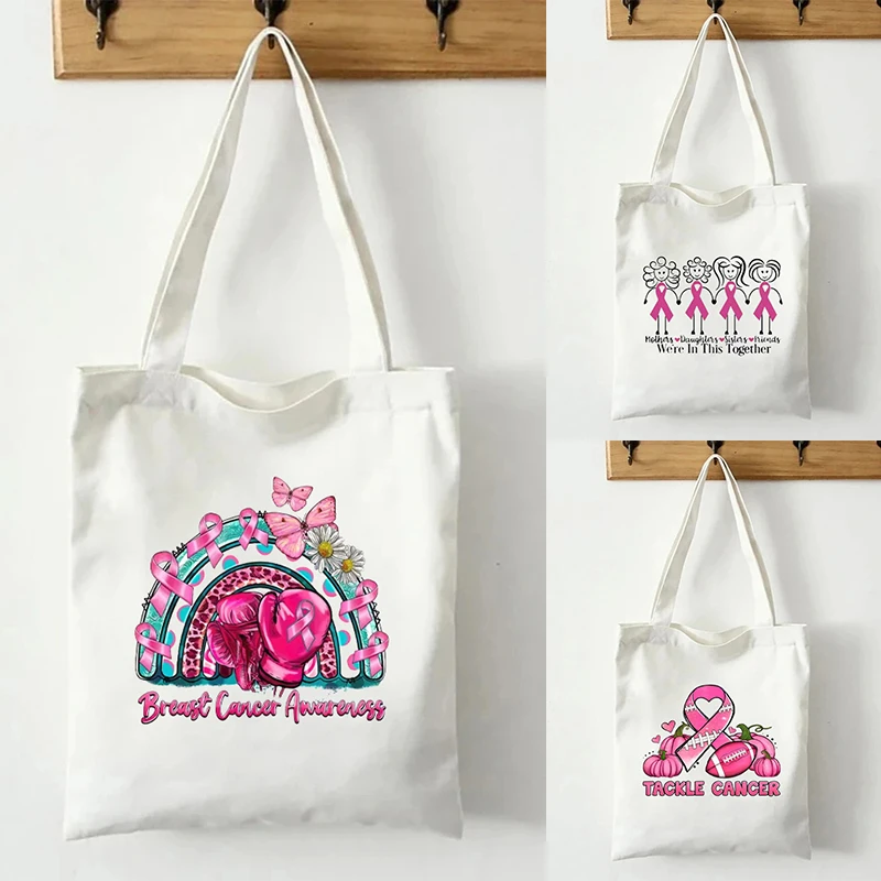 

Pink Bow Print Canvas Tote Bag Organizer Large Capacity Travel Portable Storage Shoulder Bag Eco-friendly Reusable Shopping Bags
