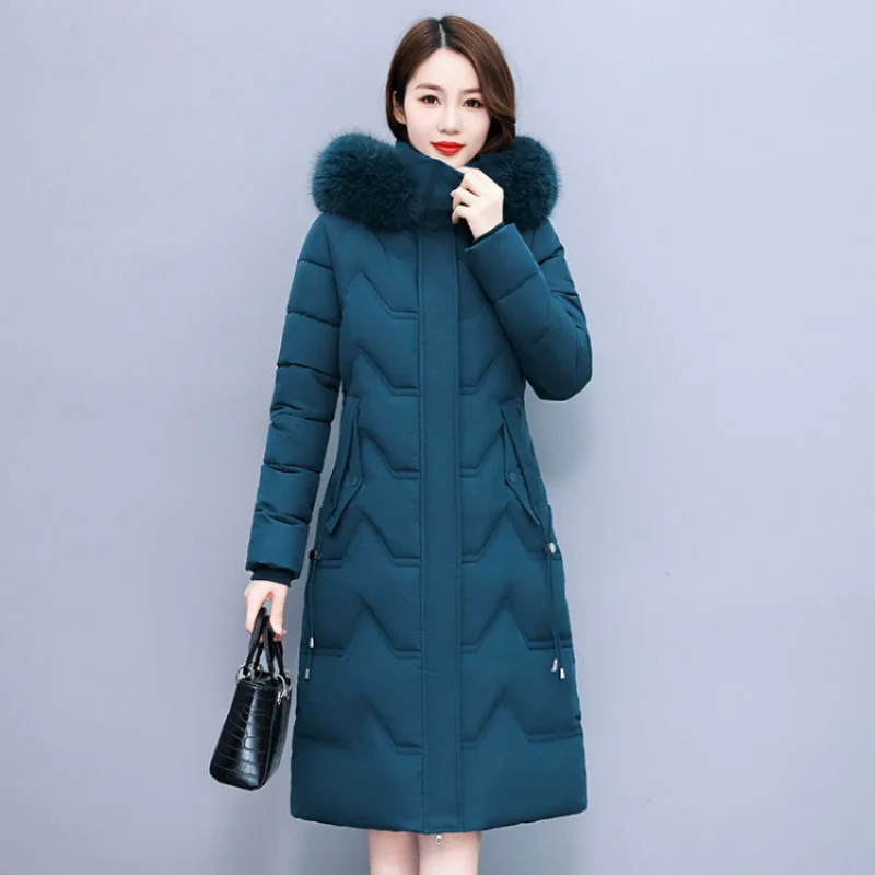 2023 New Women Down Cotton Coat Winter Jacket Female Thicken Below The Knees Pure Color Parkas Loose Outwear Fur Collar Overcoat