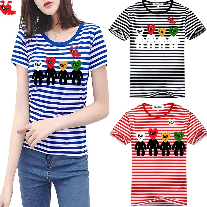 Break Egg Women Striped T-shirt Cotton Cartoon  Ant Embroidery Multiple Little People Print Short Sleeve O-Neck Summer T-shirt