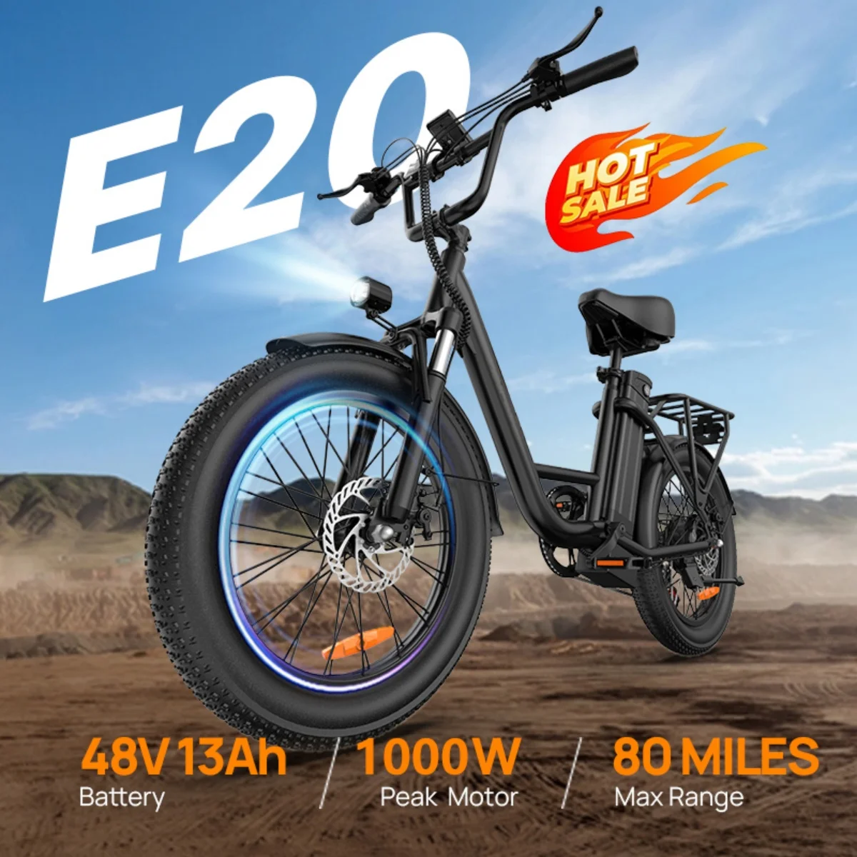 

Electric bicycle with1000W motor 48V 13AH removable lithium battery 20*3 inch tire 80 miles BMS system 7-speed LCD display Ebike
