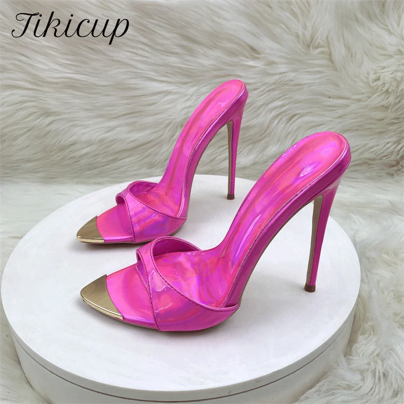 Tikicup Sexy Hot Pink Stiletto Heels Open Toe Slip-On Mule Sandals for Women Elegant Party Wedding Dress 12cm High Heeled Shoes