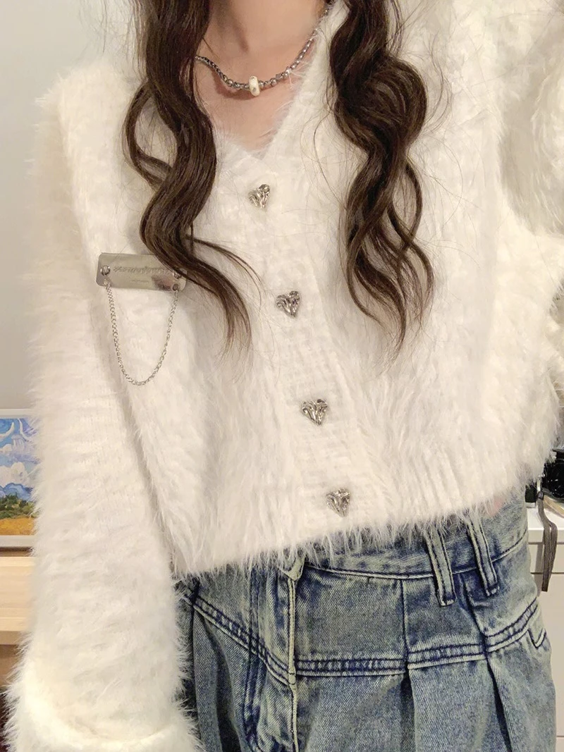 Single Love Breasted White Furry Cardigan Sweater Women Autumn Winter Short Style Loose Soft Fashion Versatile V-neck Knitted