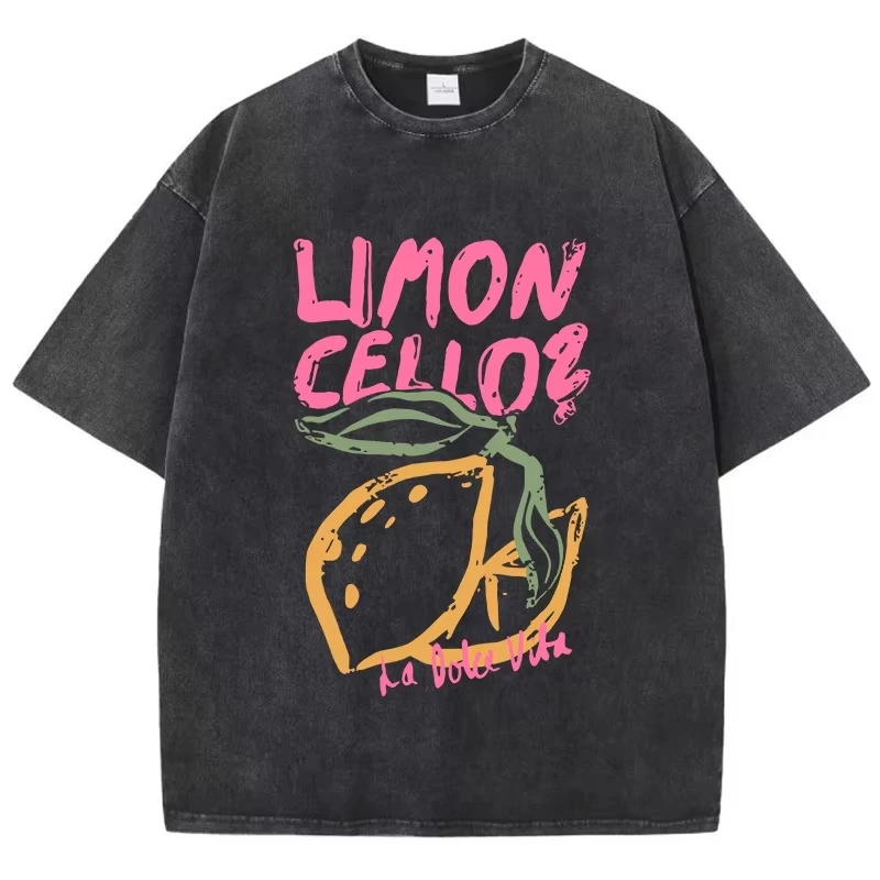 

Lemon Cellos Creative Fruit Prints Washed T-Shirt Women Cotton Tops O-Neck Comfortable Distressed T Shirts Summer Womans Clothes