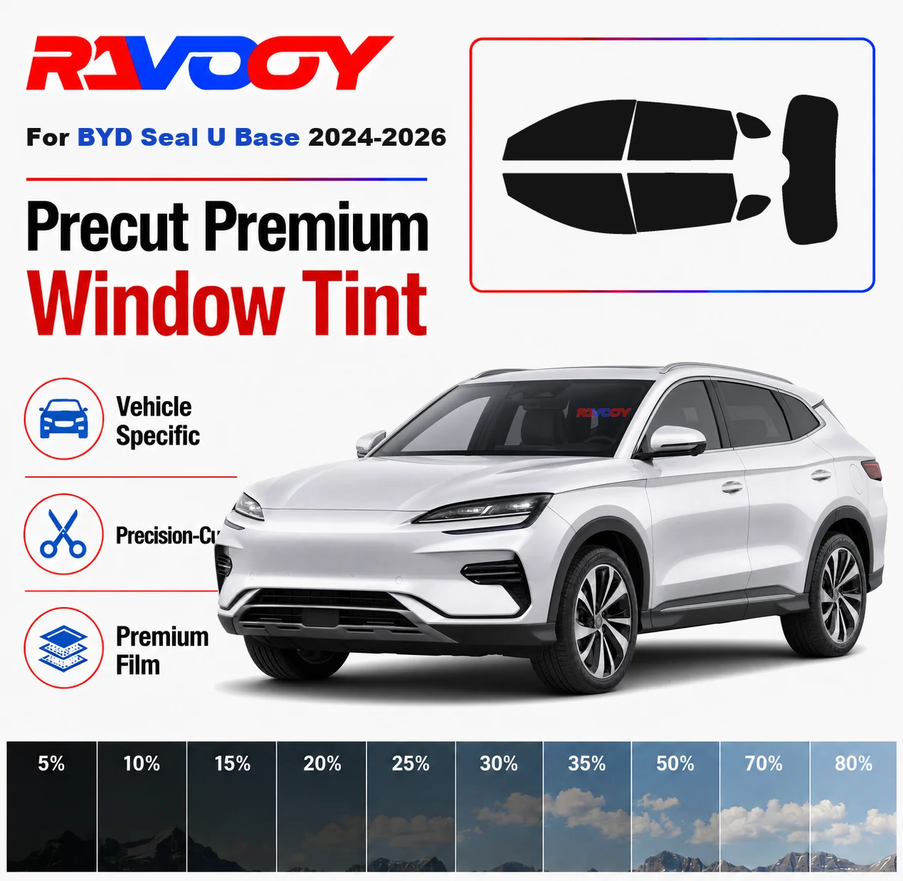 

Premium Precut Window Tint Kit Front Rear Windows Rear Windshield For BYD Seal U Base 2024-2026 Complete Set Nano Ceramic Film