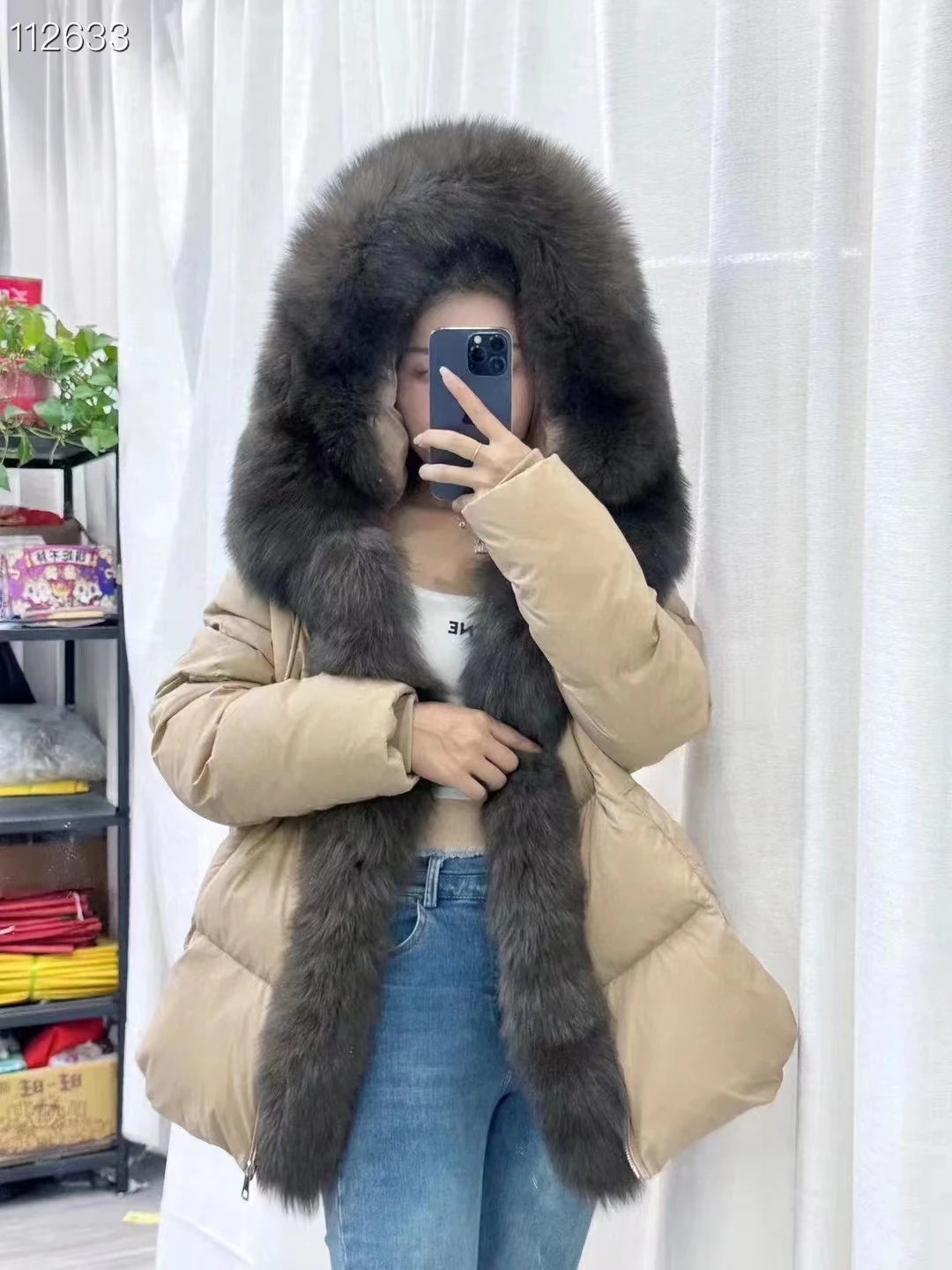 FURYOUME Women Winter Hooded Coat White Duck Down Jacket With Big Real Silver Fox Fur Trim Female Loose Outerwear