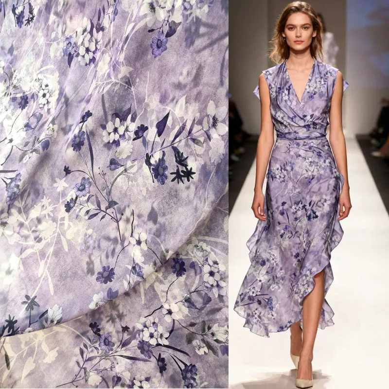 Soft Crepe de Chine 100% Mulberry Silk Fabric On Sale Purple Flowers Summer Dress Designer Sewing Materials Cloth Wholesale Reta