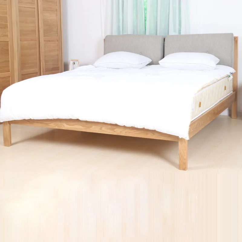 #French Modern American-Style Double Bed with Leather Upholstery Oak Frame Elegant Curves