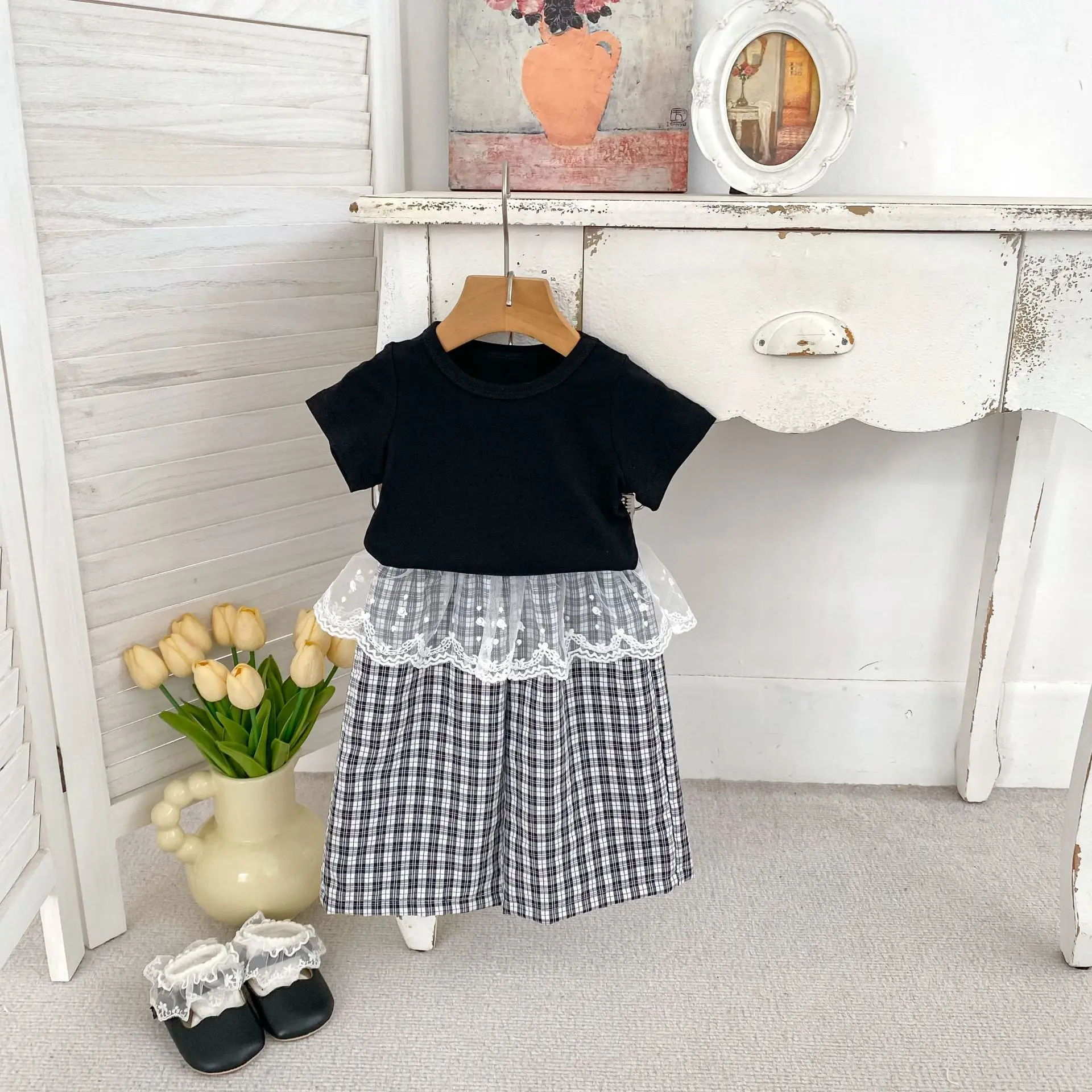 2026 Summer New Baby Loose Trousers Cute Infant Girls Thin Lace Plaid Pants Cotton Kids Wide Leg Pants Toddler Clothes