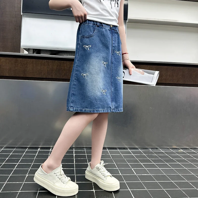Summer Children vintage Denim Skirt for Teen Girl Fashion Pencil Skirts with Bow Knot For Kids Teenager Age 5 6 7 8 9 10 13 14Y