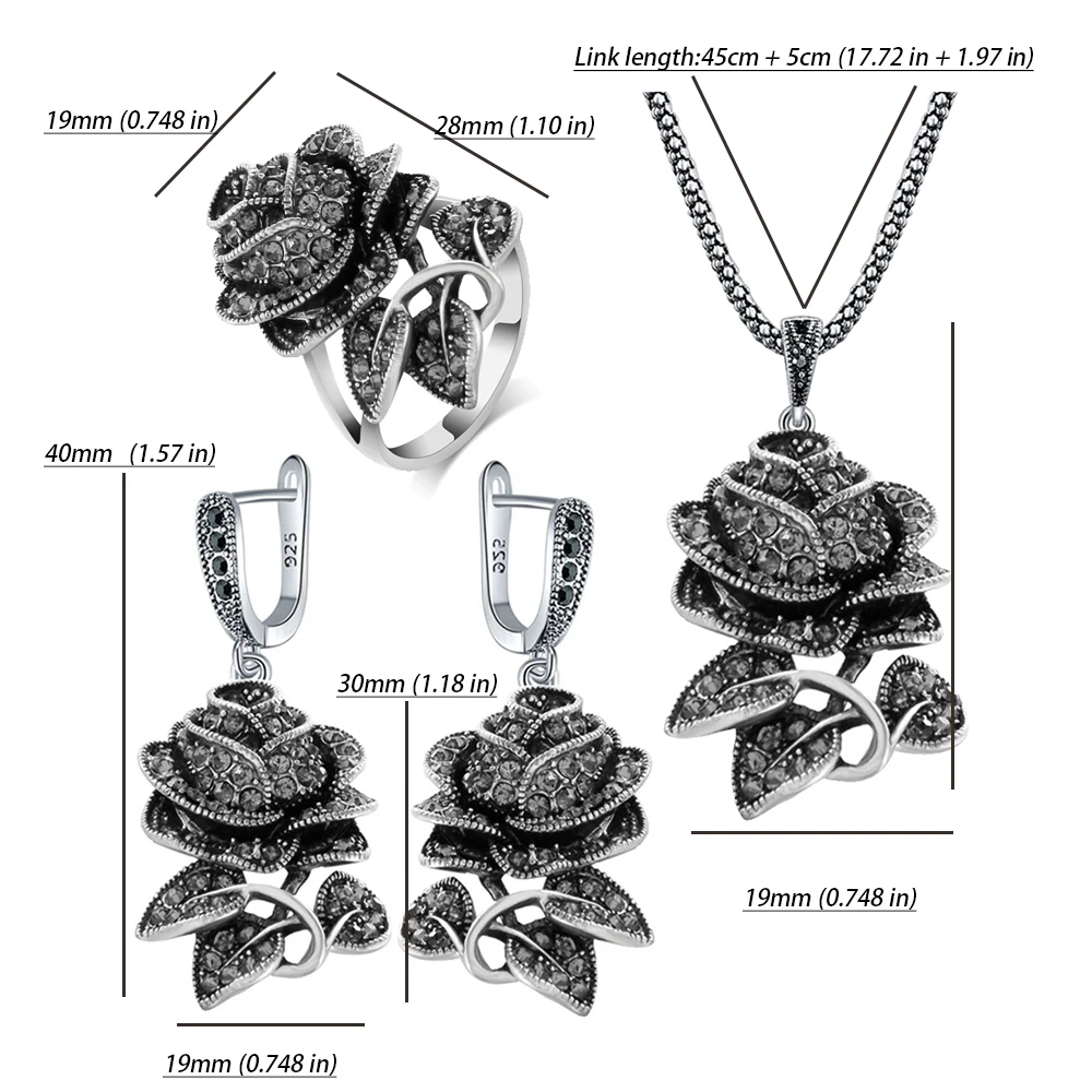 Ajojewel Black Marcasite Rose Flower Jewelry Sets For Women Vintage Necklace Earring And Ring Elegant Gift For Party/Wedding