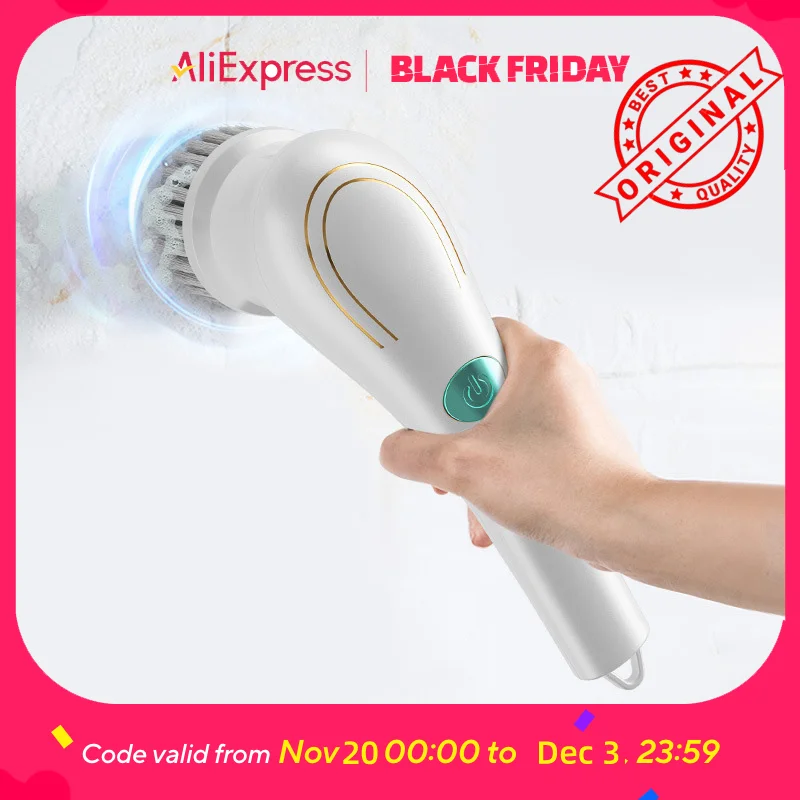 Electric Power Scrubber 5-Head Kit - Rechargeable, Steel Wool Pads, Long Handle for Kitchen, Bath, Grill, Waterproof (Gray)​