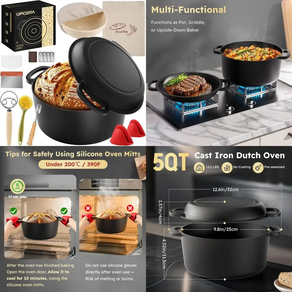 

Cast Iron Dutch Oven for Bread Baking and Proofing - 2-in-1 Sourdough Starter Kit with Lid, Perfect for Sourdough and Bread Maki