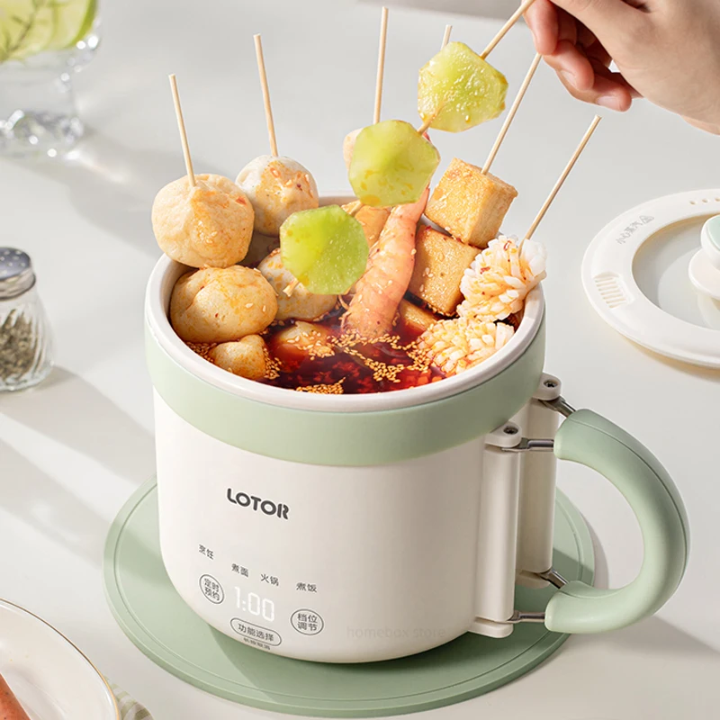 Olla de Cocina eléctrica de 1,6l, olla de arroz portátil con mango plegable, olla de viaje, Mini olla caliente para dormitorio, sartén eléctrica de 220V