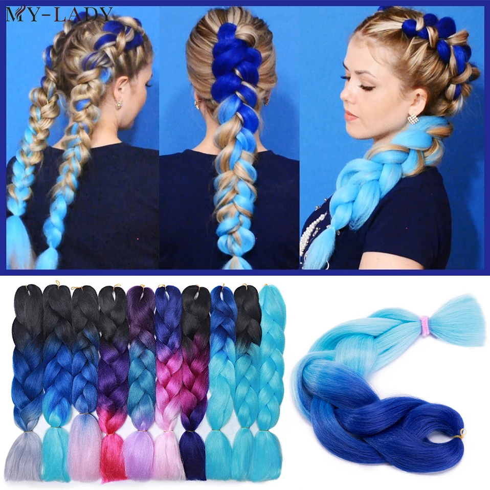 My-Lady 24inch Synthetic Single Double Ponytail Jumbo Braids Rainbow Ombre Color Crochet Braiding Hair Wholesale Hair Extensions