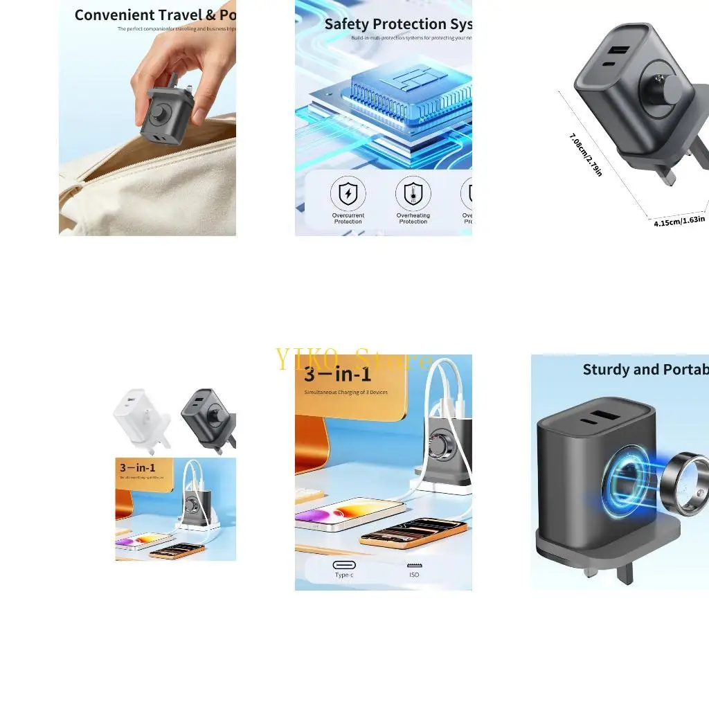 K32C Space-Saving 3 in 1 Wall for Wearable Users, British 3-Pin Format with USB Type C and USB-A for Travel Use
