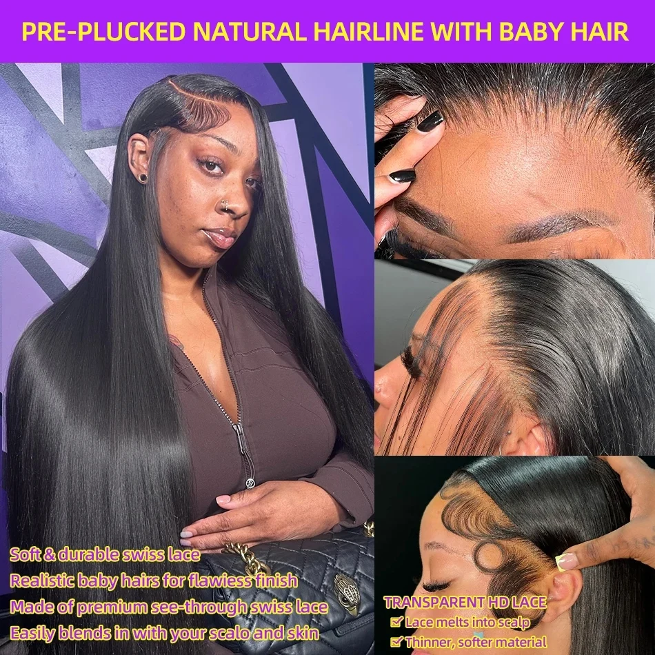 Peruka typu frontal lace 13x6 HD, gęstość 250, włosy proste jak kość, długość 30-36 cali, transparentna koronka 13x4, wstępnie wyregulowana linia włosów, bezklejowa, 100% ludzkie włosy.