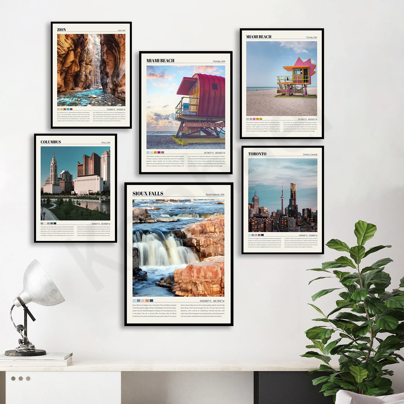 Sioux Falls Kansas City Zion Торонто Майами Колумбус Озеро Эри Город Путешествие Пейзаж Плакат