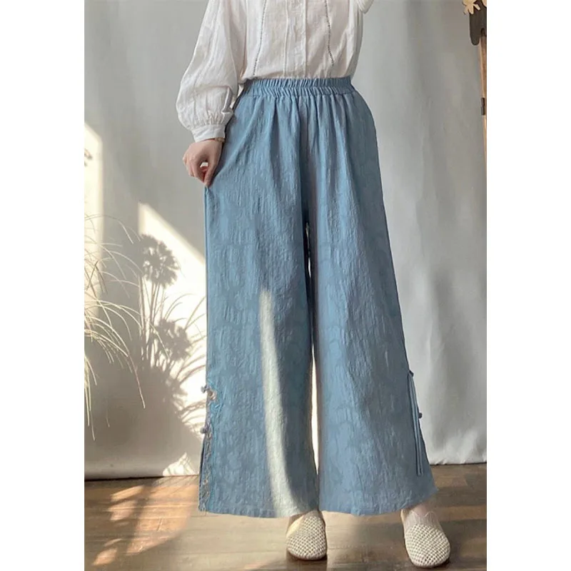 Women's Spring and Summer Fashion Fresh Solid Color Pocket Button Elastic Simple Cotton Linen Split Loose Yoga Wide Leg Pants