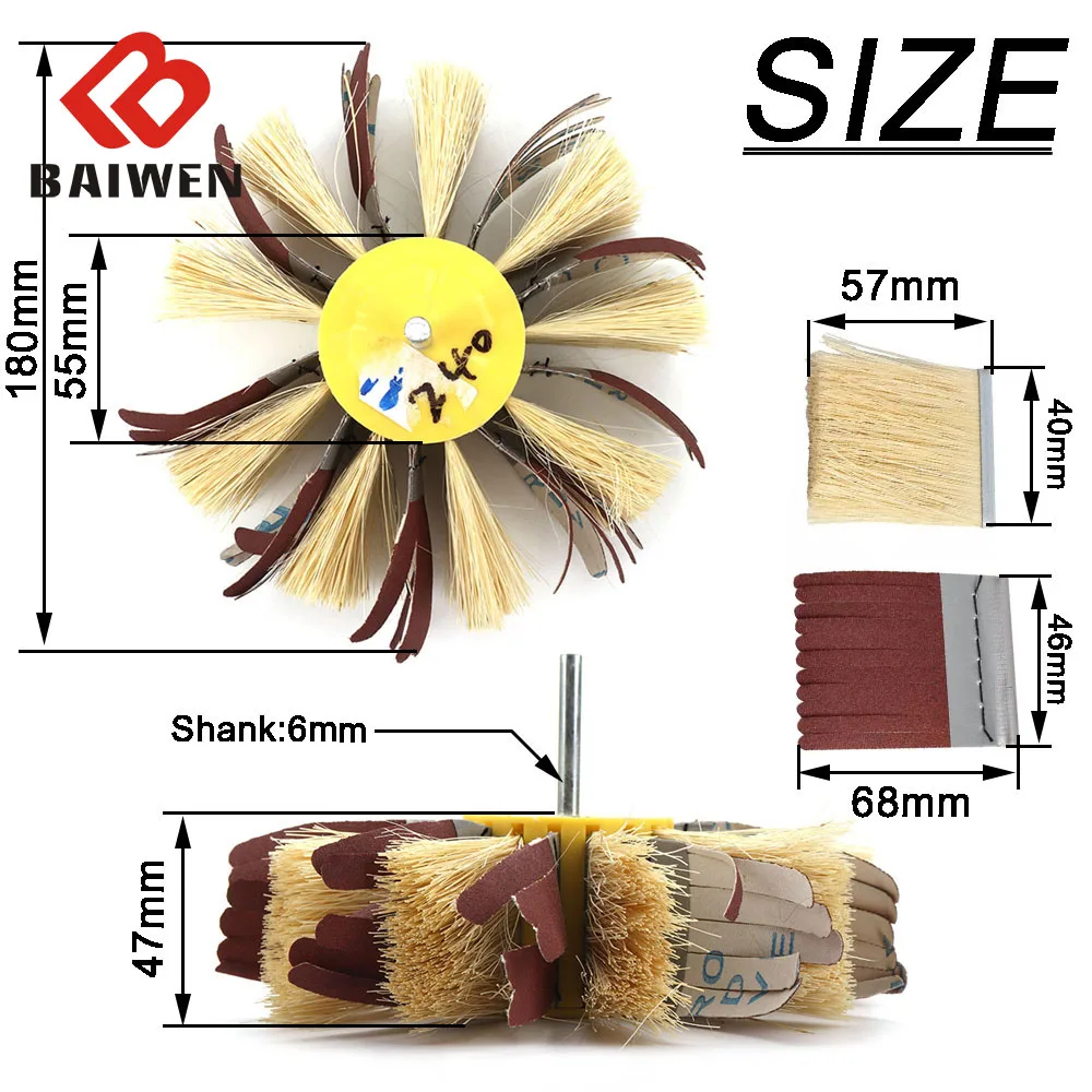 6mm Shaft Mounted Sisal & Emery cloth Bristle Polishing Brush Wheel for Wood Primer Metal Sanding 80/120/180/240/320/400Grit