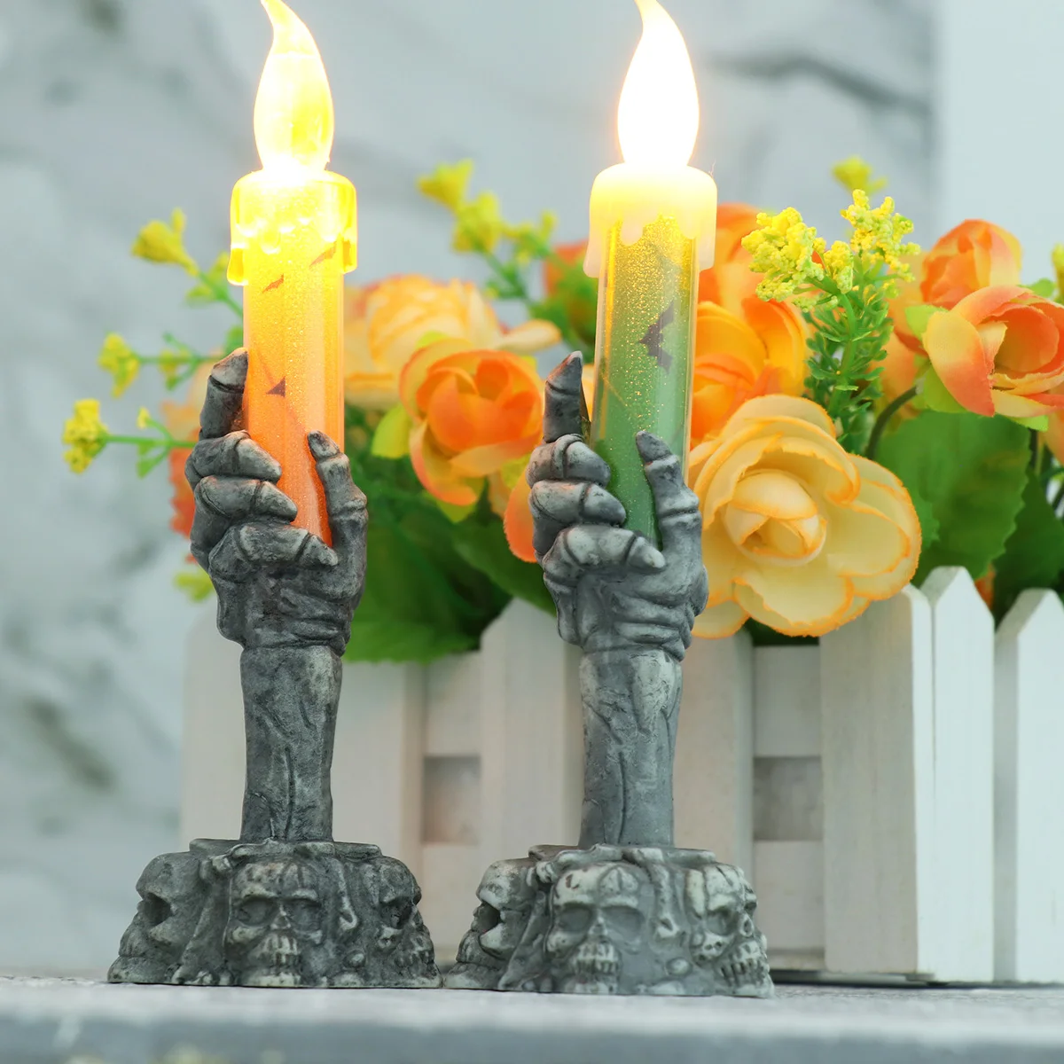 

2 Pcs LED Light Halloween Skull Lamp Decoration Spooky Flameless Candles Hand Haunted House Party Trick Treat