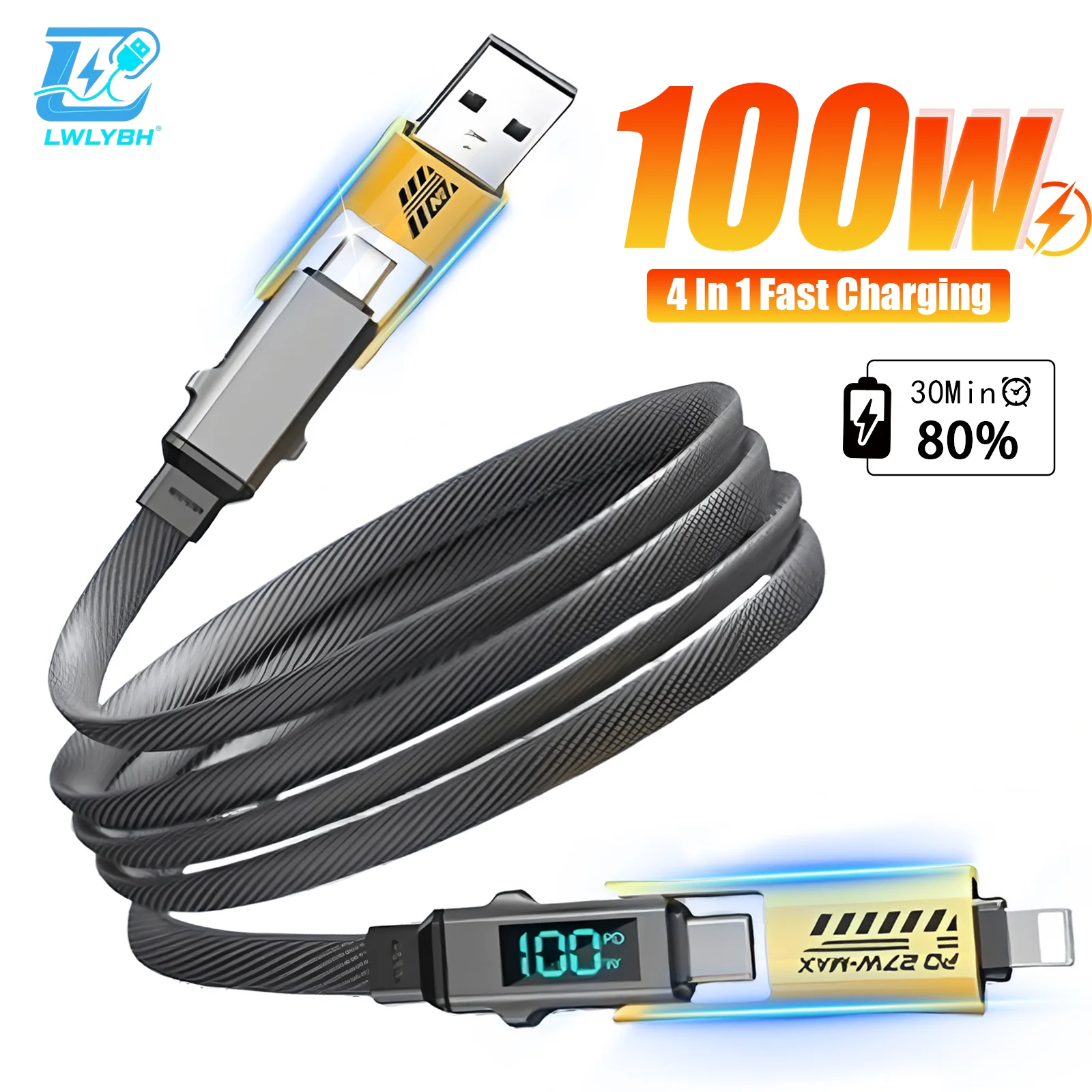 4 In 1 100W Fast Charging Cable Multi Port USB Type C Data Cable For iPhone16 15 14 Xiaomi Samsung Oppo Universal Charger Cord