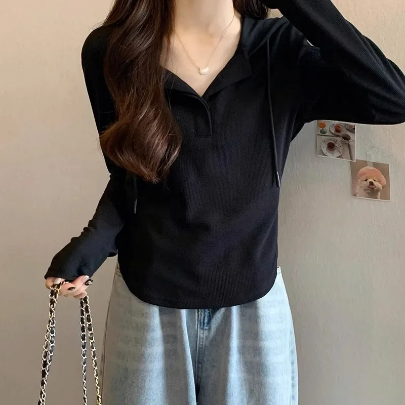 New Women Hooded T-shirts Spring Autumn Solid Colors Single Breasted Tops Long Sleeve Hoodies Slim Casual Tees Bottoming Shirts