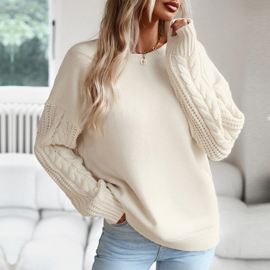 

MSFILIA осенне-зимний модный женский свитер с круглым вырезом и длинным рукавом, однотонный вязаный пуловер, топы для женщин, модный Свободный джемпер