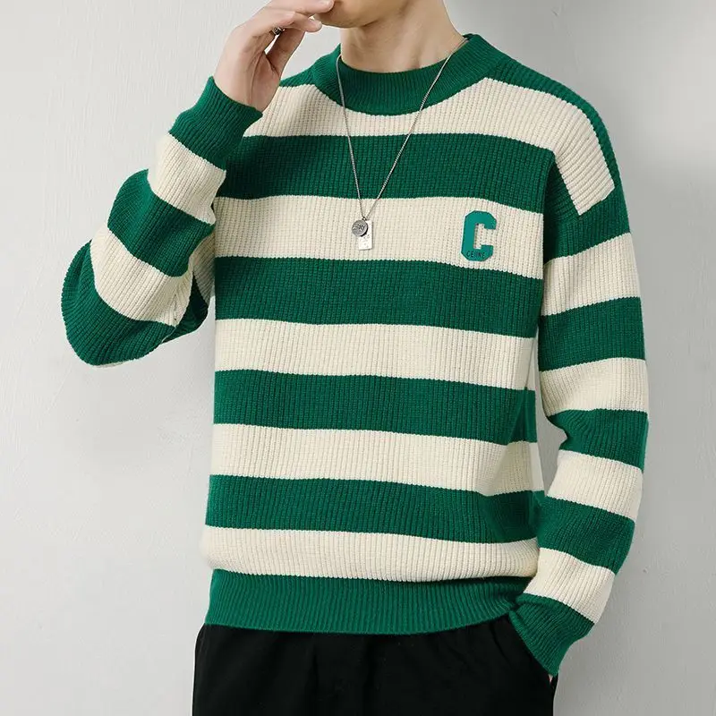 New Knitted Men's Thick Striped Coarse Thread Sweater Handsome Korean Version Base Coat