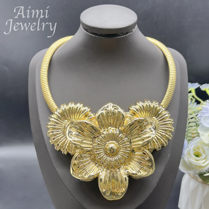 Italian Luxury Dubai 24K Gold Plated Jewelry Set Big Flower Necklace Earrings Bracelet Ring Elegant Bridal Wedding Party Gifts