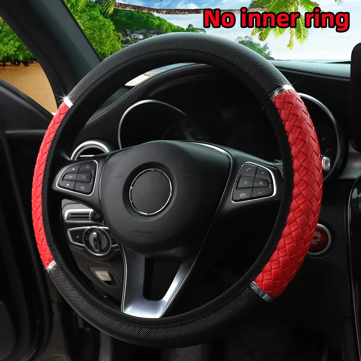 1PC 3D Braided PU Leather Steering Wheel Cover, Metal Dynamic Decor No Inner Ring Auto Steering Protector Fit 14.5-15 Inch Car I