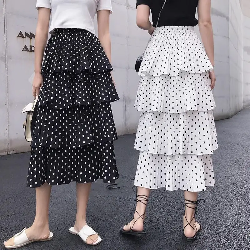 Cupcake Rokken Polka Dot Print Lange Elegante Vrouwen A-Lijn Gegolfde Vrouwelijke Rok 2024 Lente Zomervakantie Strandrokken Dames Nieuw