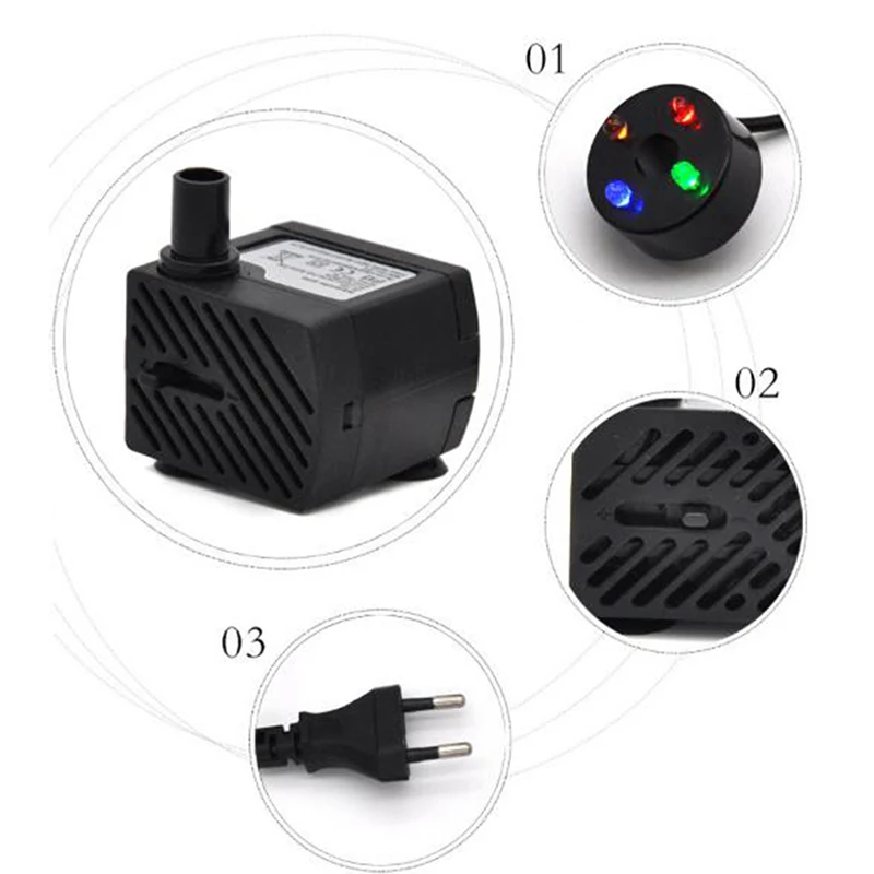 AC 220V 3W Submersible Water Pump LED Aquarium Fountain Fish Pond Tank EU Plug