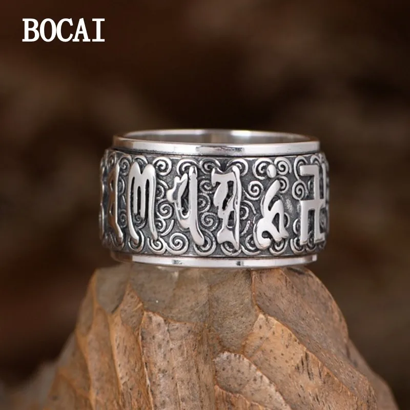 BOCAI New S925 Silver Retro, Tang Grass Pattern Ten Thousand Characters Om Mani Padme Hum Wide Version Ring Men's Gift