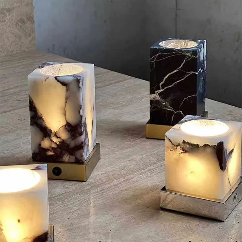 100% Natural Marble Rechargeable Table Lamp, Mid-Century Wabi Sabi for Villa Living Room &