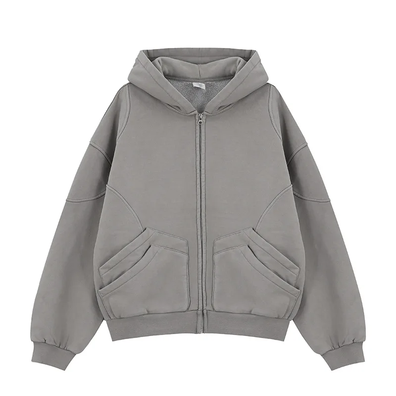 

2025 American Heavyweight Short Cardigan Zipper and Fleece Hooded Sweatshirt Casual Jacket for Men