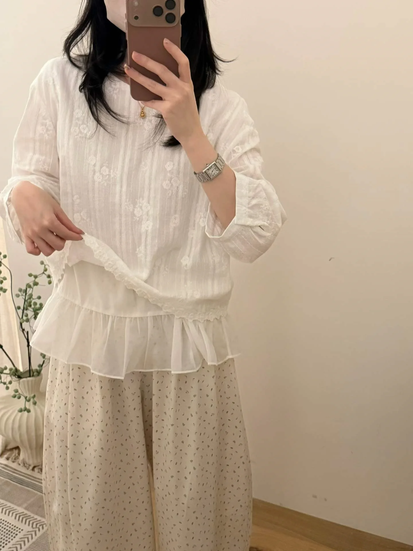 

Японская женская блузка с круглым вырезом, вышивкой и кружевными рукавами, дышащая, комфортная, новинка весна-лето