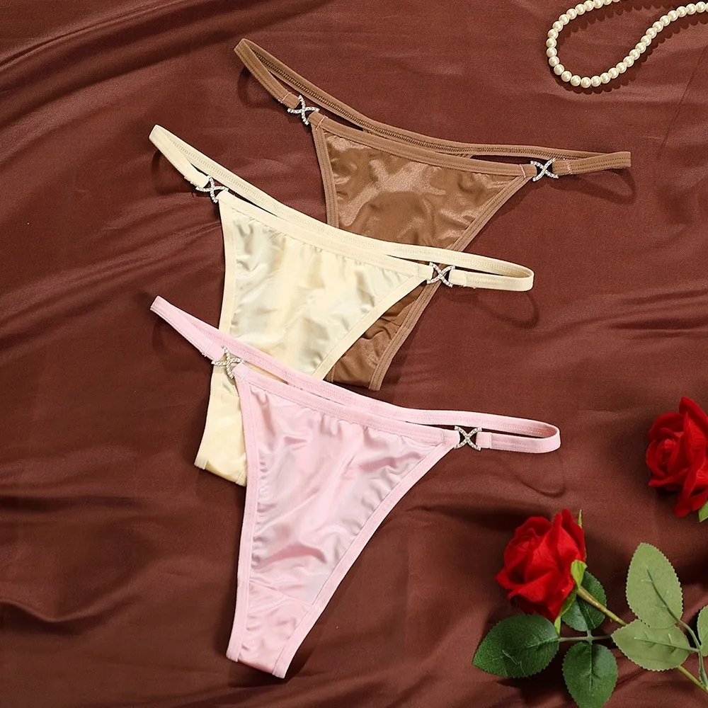 Comfortable Cotton Crotch Glossy Satin Thongs Traceless Solid Color Bikini Briefs Low Waist Underpants T-back Panties Daily Wear
