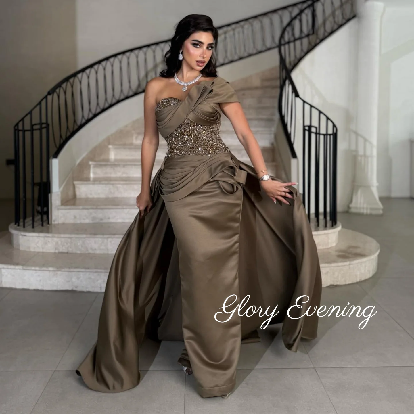 

One Shoulder Prom Dress Strapless Saudi Arabia Evening Gowns Sequins Beaded Ball Gown Gorgeous Party Dresses Customized 2025