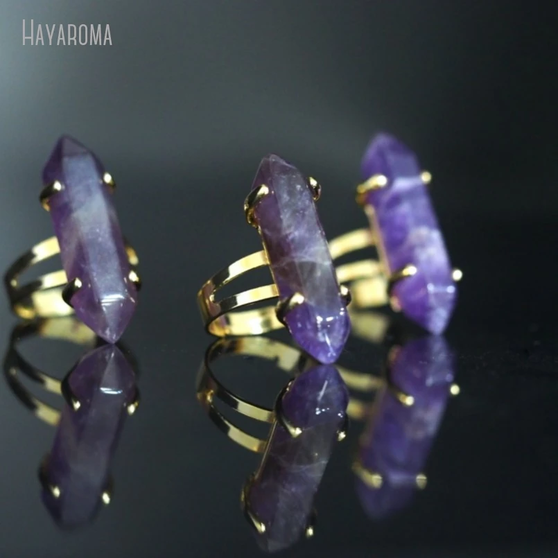 10Pcs Wholesale  Double Terminated Point Hexagon Gold Color Faceted Amethysts Crystal Ring