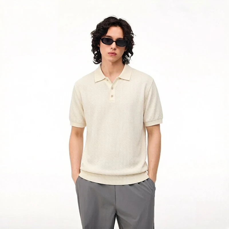 

Men's Polo Shirt Knit Short Sleeve Casual Top Solid Color Stretchable Business Casual Top, Summer Pullover Knit Sweater