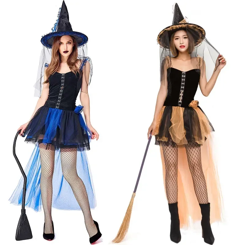 Halloween Carnival Holiday Party Witch Costume Cosplay Orange Blue Swallowtail Mesh Witch Costumes Dress For Women Adult