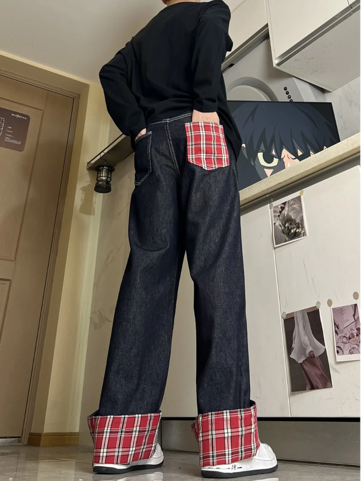 

Модные мужские джинсы с широкими штанинами и клетчатыми вставками, свободного кроя, в американском стиле, для пар, повседневные длинные брюки