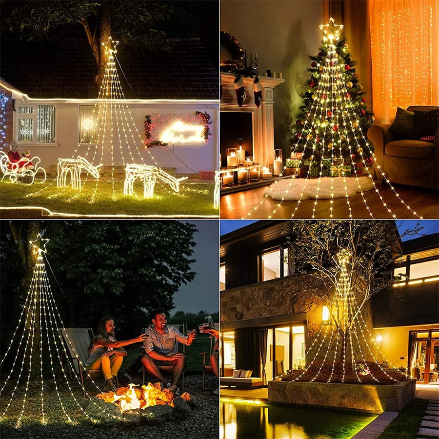 Christmas Tree Waterfall Light 9 Drop 2M Outdoor Topper Star Garland Light 8 Modes Window Curtain Icicle Light for Holiday Decor