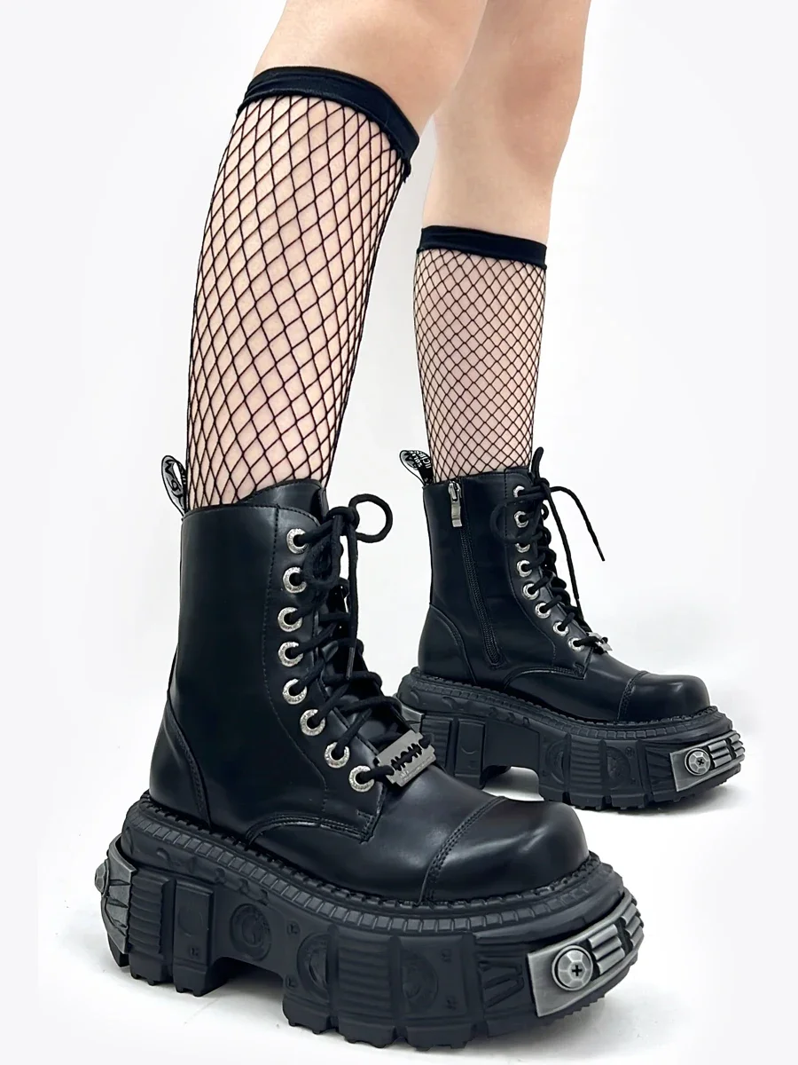 Thick Bottom Height-Increasing Women's Autumn and Winter Metal Punk Niche Leather Motorcycle Single Dark Retro Ankle Boots