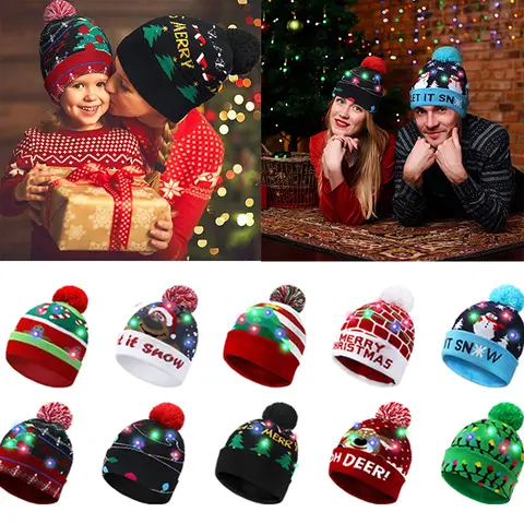 Unisex LED Light-Up Christmas Beanie, Knitted Cap, Xmas Sweater Hat, Gift for Kids and Adults, New Year Decorations, Winter