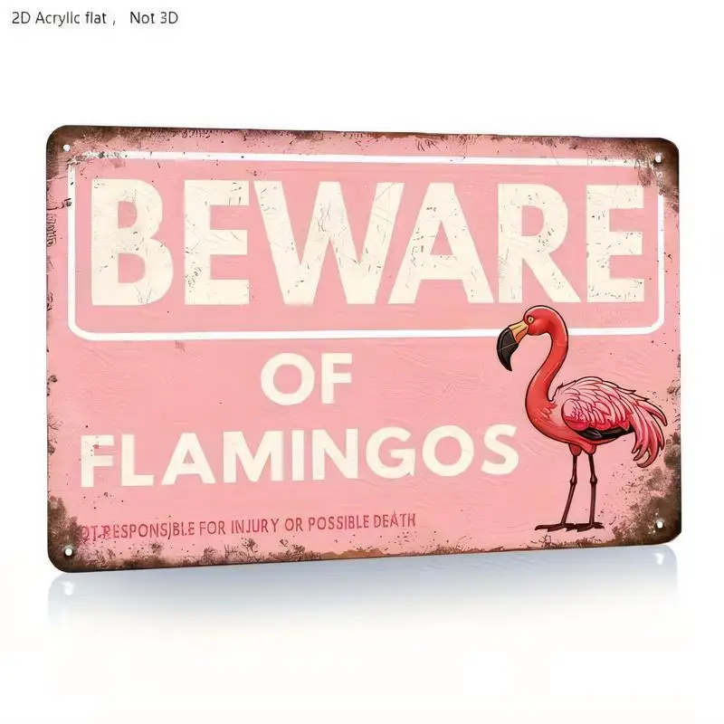 2D Flat Pink Beware of Flamingos Vintage Metal Sign - Retro Distressed Design, Iron Material, Perfect for Home/Patio/Beach Villa